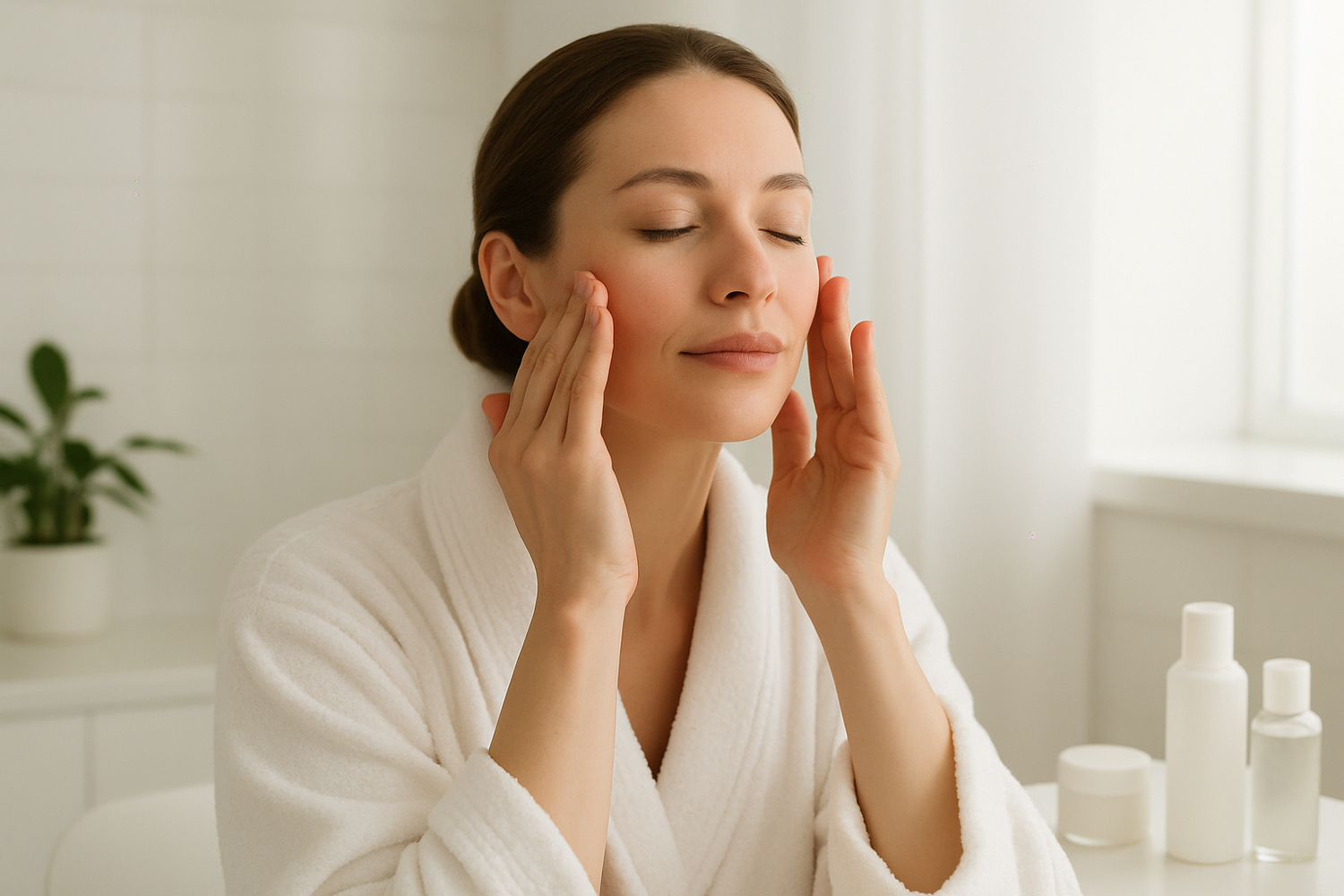 a woman makes herself a facial massage